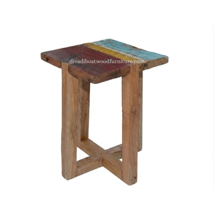 Taburete Cuadrado de Madera de Barco Reciclada Sostenible con Diseño de Patas en X, Muebles de Madera de Bali Ecológicos para Interiores y Exteriores - Product Image 1