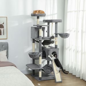 Albero per gatti grigio scuro da 175 cm con 8 posti per grattare, torre multilivello con 2 cucce e 3 amache per più gatti - Product Image 2