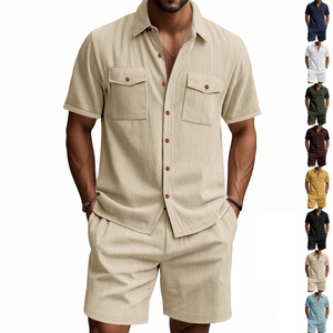 Ensemble décontracté rayé bleu clair pour homme, tenue d'été décontractée, coton tissé respirant, costume deux pièces - Product Image 6