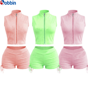 Conjunto de 2 Piezas de Chaqueta Corta y Pantalones Cortos Deportivos Casuales de Moda Hip Hop, Ajustados, de Spandex/Poliéster, con Cierre, para Mujer, Verano - Product Image 6