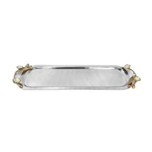 Wholesale Stainless Steel <b>Serving</b> <b>Tray</b> With Elegant <b>Gold</b> Floral Handles Rectangular Metal Decorative Platter For Home Restaurant - Product Image 1