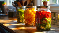 Pimientos en conserva mixtos (rojos y amarillos) en tarro de vinagre, sabor ácido, verduras en conserva, recipiente de vidrio para almacenamiento.