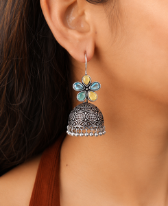 Oxidized <b>Silver</b> Multicolor Stone Floral Jhumka <b>Earrings</b> for Women | Indian <b>Dangle</b> <b>Earrings</b> for Women - Product Image 3