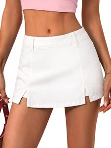 Jupe midi en jean pour femme, coupe trapèze, délavée, avec fentes avant et poches, style décontracté vintage, été, écologique, lavable, tendance - Product Image 1