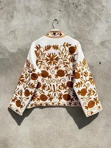 Women White Cotton Hand Embroidered Boho <b>Jacket</b> Brown Floral Suzani Style Ethnic Short Coat Outerwear - Product Image 5