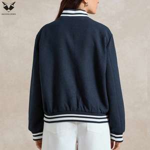 Hand Made Women Navy Blue Varsity Jacket Full Sleeve Button Up Contrast Trim Regular Fit Autumn Solid Color Turn-Down Collar - Product Image 4
