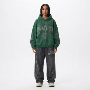 Custom <b>Green</b> Hoodie Black Distressed Jogger Set Rhinestone Embellished Cotton <b>Fleece</b> Streetwear Tracksuit OEM - Product Image 1