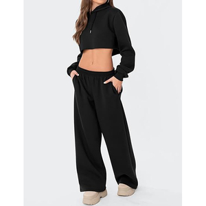 Pantalon de jogging ample en molleton uni pour femme, coupe droite, jambe large, taille basse, avec cordon de serrage, décontracté - Product Image 2