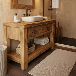 Meuble de salle de bain en bois massif avec vasque simple, tiroir de rangement et étagère ouverte pour la maison, l'hôtel et les centres de villégiature - Product Image 1
