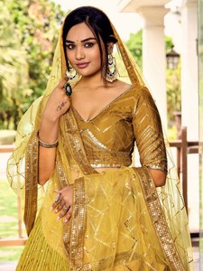 Yellow <b>Sequin</b> Embroidered Geometric Pattern V-neck Three Quarter Sleeve Polyester/Cotton Women's Traditional Lehenga Choli Set - Product Image 3