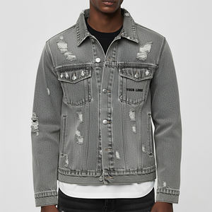 Veste en jean sur mesure, style vintage déchiré, avec poches avant, 100% coton, doublure en laine épaisse, longue - Product Image 1