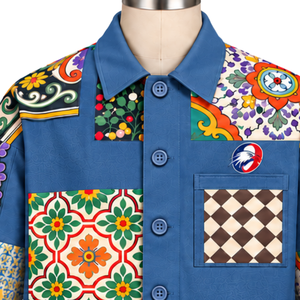 Chaqueta de Trabajo Azul Denim con Mosaico, Estampado Floral Colorido, Cierre de Botones, Estilo Casual Urbano, con Bolsillos Utilitarios - Product Image 3