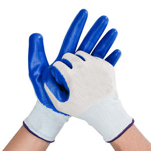 Gants de travail bleus enduits avec dos en tricot blanc et bordure violette pour usage industriel - Product Image 4