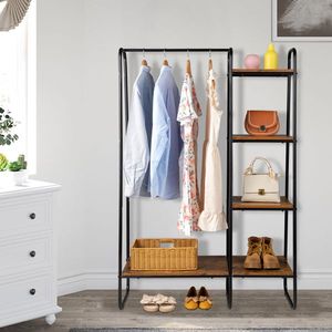 Free Standing Metal <b>Clothes</b> <b>Rack</b> with 5 Wood Shelves Sturdy Over Door Garment <b>Rack</b> in Black Color - Product Image 1