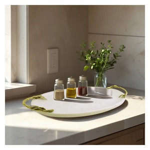Plateau de service ovale en marbre blanc avec poignée design, plateau décoratif de luxe pour la maison, la cuisine, l'hôtel, la salle à manger et le service des invités - Product Image 4