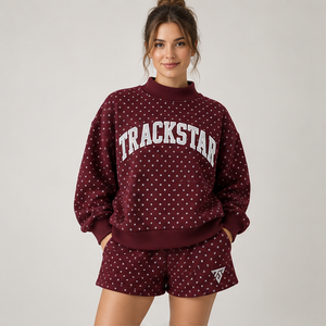 Women's <b>Burgundy</b> Allover Microdot Mock Neck 2-Piece Shorts Set Custom Casual Sportswear - Product Image 1