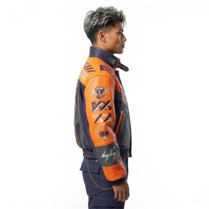 Blouson Bomber en Cuir Kinétique Orange et Violet pour Homme avec Patch Emblème Aigle, Col Rembourré, Style Cyberpunk Racing Streetwear - Product Image 3