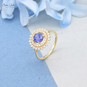Anillo Halo con Tanzanita de Corte Redondo de 6mm y Diamantes Blancos, en Oro Amarillo Fino de 14k, Estilo Art Deco, Proveedores Verificados, Venta al Por Mayor en India - Product Image 4