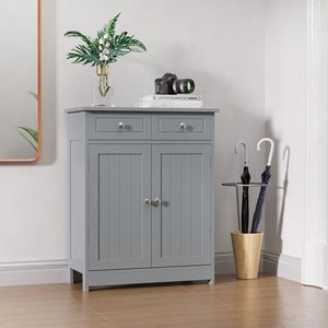 Mobiletto Compatto Tradizionale Autoportante per Bagno con 2 Cassetti, Pomelli in Metallo, Base Rialzata, Soluzione di Stoccaggio in Legno MDF Grigio - Product Image 2