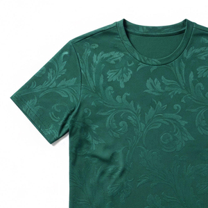 T-shirt à manches courtes pour homme, vert foncé, motif floral gaufré, col rond, coupe classique, tissu tissé décontracté - Product Image 3