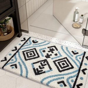 Geometric Bohemian Cotton <b>Bath</b> <b>Mat</b> Rectangle Non-Slip Rubber Backing Thick Tufted Flock Print White Blue <b>Black</b> Home Use - Product Image 6