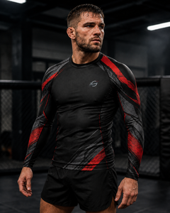 Custom Adults Unisex Long Sleeve MMA Rash Guard <b>Compression</b> <b>Shirt</b> Heat-Transfer Printed <b>Black</b> Red Fitted Moisture Wicking - Product Image 6