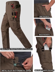 Pantalon cargo de travail marron pour homme avec plusieurs poches, taille élastique, tissu en toile respirant, coupe droite, style printemps - Product Image 3