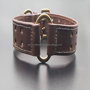Collar de perro de cuero hecho a mano de alta resistencia Collar de Mascota de cuero marrón grueso con costura de contraste hebilla de latón de doble pin y anillo - Product Image 6