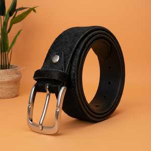 Solid Black Cow Hide Vintage Riveted <b>Belt</b> <b>Silver</b> Pin <b>Buckle</b> Rectangular Casual Style Durable Genuine Leather 3.5cm Width 120cm - Product Image 1