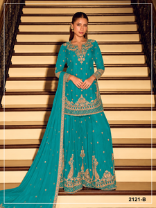 Turquoise Embroidered Salwar Kameez Set Long Sleeve <b>Top</b> <b>Net</b> Dupatta Indian Pakistani Wedding Outfit - Product Image 3