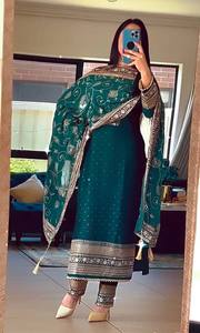 Ensemble Salwar Kameez vert brodé tissé élégant et uni, longueur genou, pour femme, en rayonne, avec Kurti, pantalon et Dupatta, tenue de mariage et de fête - Product Image 2