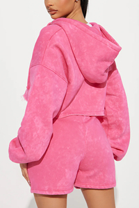 Pink Winter Printed Rhinestone Acid Wash Sunfade Breathable Women's Hoodie Shorts Set 100% Cotton <b>Distressed</b> Ripped Croptop - Product Image 6