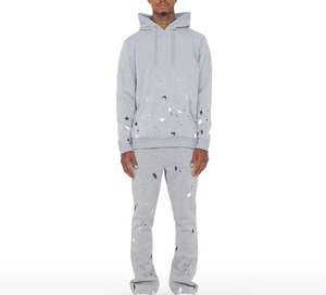 Ensemble sweat à capuche et pantalon de survêtement 100 % coton délavé personnalisé, coupe large évasée, patchwork, effet usé, pour l'hiver - Product Image 1