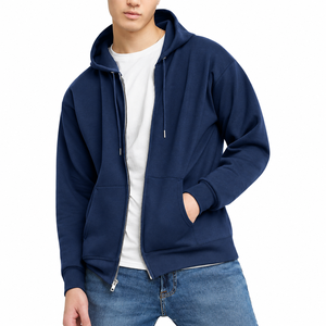 Men's <b>Navy</b> Blue Zip Up Hoodie Casual Solid Color <b>Sweatshirt</b> with Kangaroo Pocket - Product Image 1