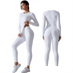 2 Piece Solid Black Long Sleeve Crew Neck <b>Crop</b> <b>Top</b> & High Waist Full Length Leggings Yoga Set - Product Image 5