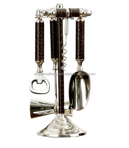 Factory Direct Stainless Steel Bar Tools Set with Brown Leather Handles Polished <b>Metal</b> for Hotel Ambience Lifestyle - Product Image 3