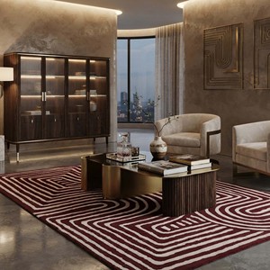 Tapis géométriques abstraits modernes, design tufté à la main, motif bordeaux et crème, décoration contemporaine pour salon, chambre et maison - Product Image 2