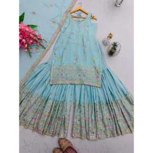 Conjunto de traje de fiesta de diseñador para mujer con hilos bordados, ropa de noche elegante de trabajo - Product Image 5