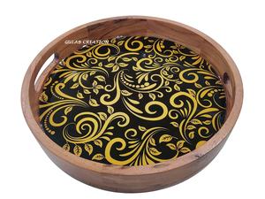 Bandeja de servicio de madera de Acacia hecha a mano, diseño de estampado Floral, plato rústico multifuncional para decoración del hogar, exhibición de aperitivos - Product Image 3