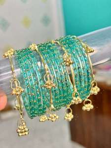 Traditional Blue <b>Glass</b> <b>Bangle</b> Set with Kashmiri Ghungroo Bridal Chura <b>Bangles</b> Gold Tone Charms Ethnic Jewelry for Wedding - Product Image 3