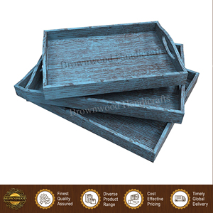 Juego de 3 bandejas para servir comida de madera maciza de mango, color azul quemado antiguo, hechas a mano, de alta calidad y gran venta, a precio directo de fábrica. - Product Image 5