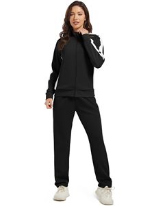 Ensemble de survêtement sport décontracté pour femme, noir et blanc, avec sweat à capuche zippé et pantalon, en polyester respirant, idéal pour l'automne - Product Image 3