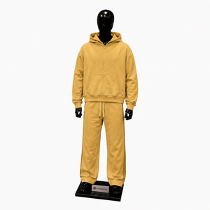 Survêtement à capuche doré, fermeture éclair intégrale, décontracté, couleur unie, 100% coton, respirant, coupe ample, pour l'automne, mode détente, soldes - Product Image 1