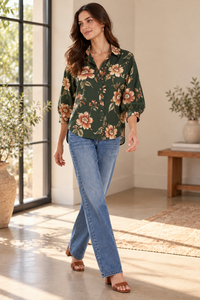 Blusa informal holgada con botones y cuello camisero con estampado floral verde para mujer - Product Image 3