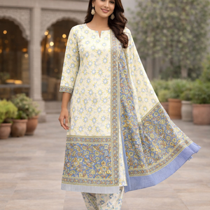 Traje Punjabi Blanco Profesional para Mujer |   Conjunto de Kurti y Pijama con Estampado Floral Indio y Borde Decorativo |   Vestido Sarong de Algodón Pro - Product Image 2