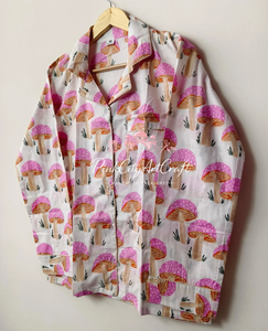Pink Mushroom Print Cotton Pajama Set for Women Soft Breathable Flock Print Summer Sleepwear Long Sleeve Button-Down <b>PJs</b> - Product Image 6