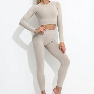 Ensemble 5 pièces de vêtements de sport sans couture pour femme, anti-UV, le plus populaire, avec haut court à manches longues, taille élastique, pour yoga, grandes tailles - Product Image 2
