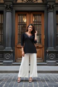 Tunique décontractée noire à col en V pour filles, en tissu rayonne imprimé, longueur normale, manches trois quarts, entièrement cousue, élégante, pour femmes - Product Image 5