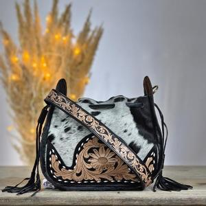 Bohemian Genuine Leather Waterproof Shoulder <b>Bag</b> with Cowhide Print Tassel Decoration <b>ZIP</b> Closure Rajasthan Style for Women - Product Image 1