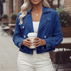 แจ็คเก็ตยีนส์สำหรับผู้หญิง เสื้อโค้ทเทรนช์แบบครอป กระดุมสองแถว แจ็คเก็ตยีนส์น้ำหนักเบา เสื้อคลุมลำลองมีสไตล์ แฟชั่นสตรีทแวร์ - Product Image 4